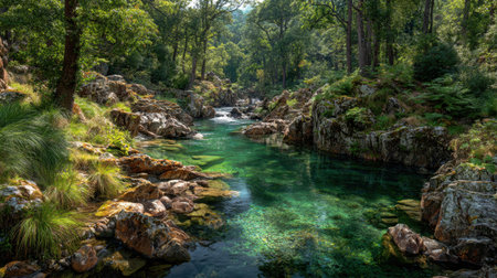 A picturesque scene showcasing a peaceful forest landscape with a crystal clear stream flowing through rocky terrain, surrounded by lush greenery.の素材