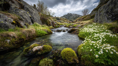 This stunning image captures a peaceful stream flowing through a lush landscape filled with wildflowers, rocks, and dramatic cloud formations, creating a serene atmosphere.の素材