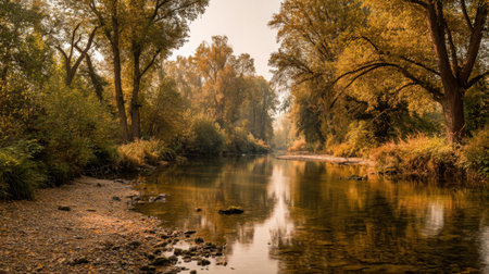 A stunning view of a tranquil river bordered by golden autumn foliage. The serene water reflects the warm colors of the season, creating a peaceful landscape.の素材