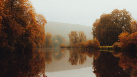 A tranquil scene showcasing vibrant autumn colors reflected in a calm river surrounded by mist-covered forests, inviting serenity and peace.の素材