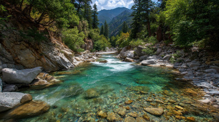 A captivating view of a crystal-clear mountain stream flowing through a lush forest. The vibrant ecosystem showcases rocks, trees, and water in perfect harmony.の素材