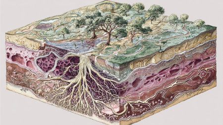 A detailed cross-section illustration depicting various soil layers, tree roots, water sources, and a vibrant ecosystem, ideal for educational resources.の素材