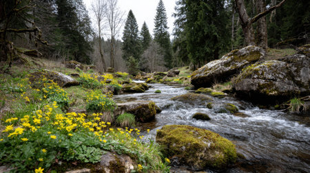 A picturesque stream gently flows through a serene forest landscape, adorned with vibrant yellow flowers and mossy rocks. The tranquility captured here evokes a feeling of peace.の素材