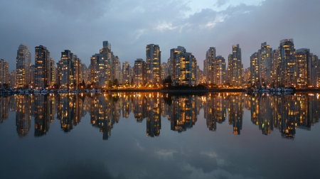 A breathtaking view of a city skyline at dusk, showcasing high-rise buildings illuminated by warm lighting, mirrored in the calm water below.の素材