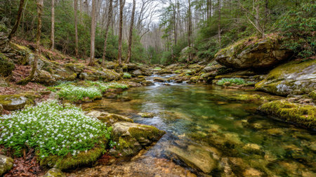 A peaceful stream flows through a lush forest, with vibrant greenery and delicate white flowers adorning the banks, creating a serene natural setting.の素材