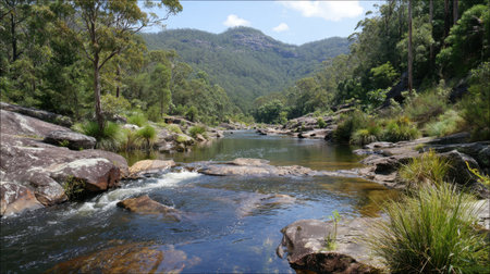 A picturesque river landscape showcases clear waters flowing over smooth rocks, surrounded by lush greenery and distant mountains under a bright blue sky.の素材