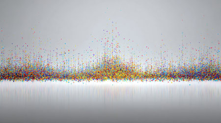 This dynamic abstract background features a lively array of colorful dots and particles, creating an engaging visual effect ideal for modern design projects.の素材