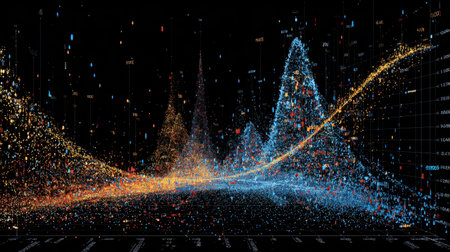 This vibrant data visualization showcases statistical patterns and financial trends through a dynamic interplay of colors and shapes, highlighting analytical insights.の素材