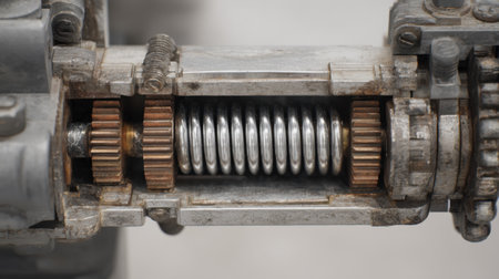 This image showcases a detailed view of a mechanical gear system featuring a coiled spring, showcasing the precision engineering of industrial machinery.の素材