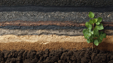 Detailed view of soil layers with a young plant sprouting from the ground, illustrating the importance of soil health and the ecological processes involved in nurturing plant life.の素材