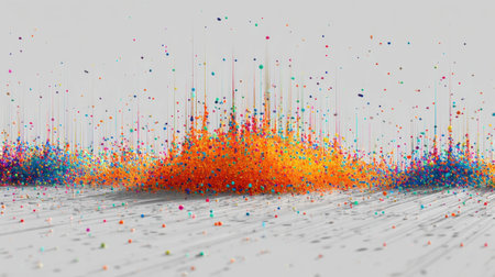 An explosion of colorful particles creates a dynamic and visually captivating scene. The vibrant hues contrast against a light background, showcasing energy and creativity.の素材