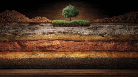 This striking image showcases various layers of earth, featuring a lush green tree atop vibrant grass surrounded by rich soil and rock textures.の素材