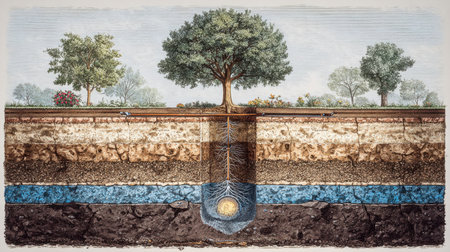 Detailed illustration depicting the anatomy of a tree, showcasing root systems and soil layers, highlighting the relationship between trees and their environment.の素材