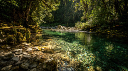 A serene scene depicting a tranquil river in a lush forest, where the sunlight filters through the trees, creating a peaceful atmosphere ideal for nature lovers.の素材