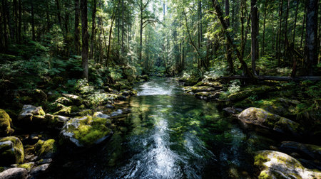 A tranquil forest stream flows through a lush green landscape, with sunlight casting intricate patterns on the calm water surface, inviting peace and reflection.の素材