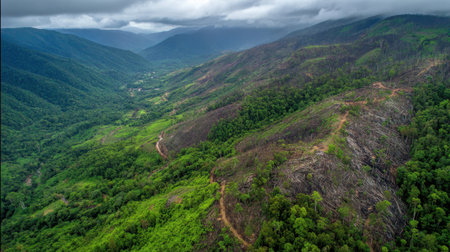 This aerial photograph captures the striking contrast between deforested areas and lush greenery in a mountainous landscape, showcasing the impacts of human activity on nature.の素材