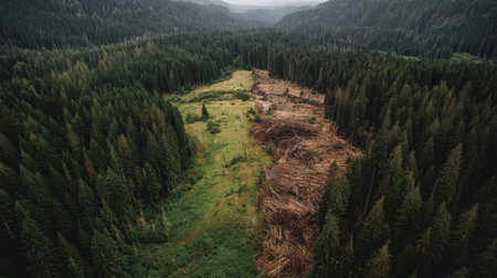 This aerial image captures the striking contrast between a dense green forest and a recently deforested area, highlighting environmental changes.の素材
