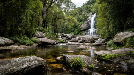 A breathtaking view of a serene waterfall flowing through a lush green forest, surrounded by rocks and clear waters, showcasing nature's beauty.の素材