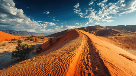 A stunning view of a desert landscape featuring striking orange sand dunes under a dramatic cloudy sky at sunset. This scenic terrain captures the beauty of arid wilderness.の素材