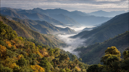 Explore a captivating mountain landscape featuring lush forests and gentle fog rolling through a serene valley at sunrise. Perfect for nature lovers.の素材