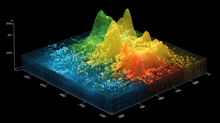 This captivating 3D surface plot showcases vibrant peaks representing data distribution, providing an engaging visual interpretation of complex datasets.の素材