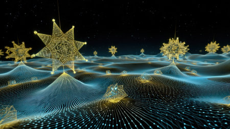 This stunning 3D visualization features a futuristic landscape adorned with glowing geometric shapes and a starry background. The intricate patterns create an imaginative and dynamic atmosphere.の素材