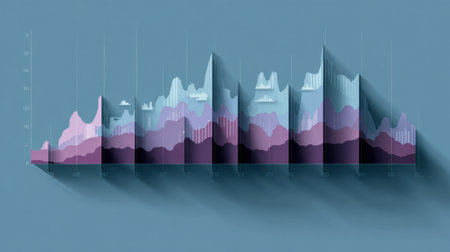 This abstract chart illustration features colorful layers and shadows, effectively representing data trends over time, perfect for modern business visuals.の素材