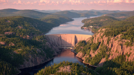 This breathtaking aerial view captures a large water reservoir flanked by rolling green hills under a stunning sunset sky. The calm waters reflect the surrounding natural beauty, emphasizing tranquility and wilderness. Perfect for nature enthusiasts or travel inspiration.の素材