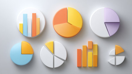 This image features a collection of colorful 3D pie charts and bar graphs on a soft background, ideal for showcasing data analysis and business insights.の素材