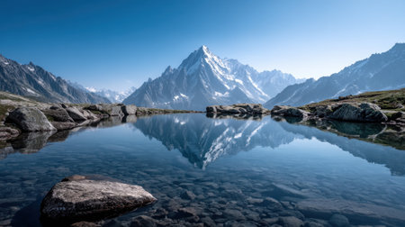 This stunning image captures a serene mountain reflection in a calm lake, surrounded by majestic peaks under a clear blue sky, embodying nature's beauty.の素材