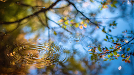 Experience the serene beauty of a tranquil water surface showcasing ripples and reflections of colorful autumn leaves and branches amidst nature's calm.の素材