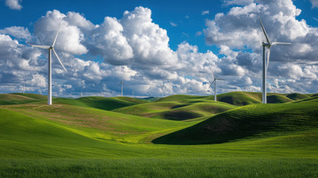 Scenic view of rolling green hills adorned with wind turbines under a vibrant blue sky, showcasing the beauty of renewable energy and natural landscapes.の素材
