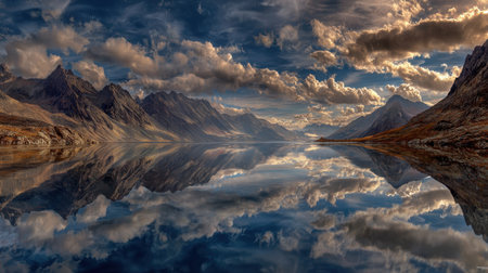 This breathtaking landscape features a tranquil mountain lake reflecting stunning clouds and vibrant skies at sunrise, showcasing nature's beauty and serenity.の素材