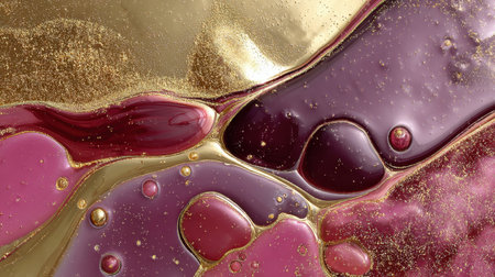 Vibrant abstract composition featuring shimmering gold, burgundy, and pink liquid shapes with delicate textures, perfect for artistic backgrounds and designs.の素材