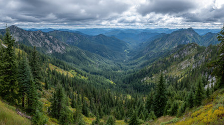 A stunning panoramic view showcasing verdant valleys framed by majestic mountains under a dramatic sky. This serene landscape invites exploration and adventure.の素材