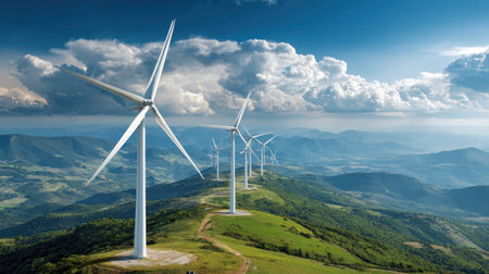 A breathtaking view of wind turbines standing tall on a mountain ridge, framed by a stunning sky and lush green hills, promoting sustainable energy solutions.の素材