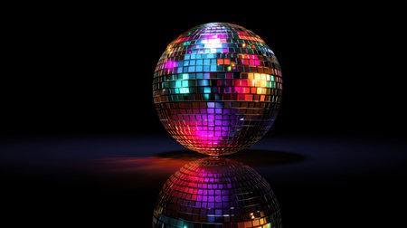 A vibrant disco ball reflecting an array of colorful lights against a dark background, creating a festive atmosphere perfect for any party or celebration theme.の素材