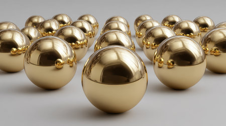 This artistic image features shiny gold spheres arranged in a modern pattern on a light gray surface, showcasing luxury and elegance. Perfect for design projects.の素材