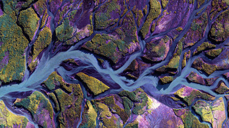 Captivating aerial view showcasing vibrant river patterns entwined with rich vegetation, creating a stunning visual of nature's artistry and color harmony.の素材