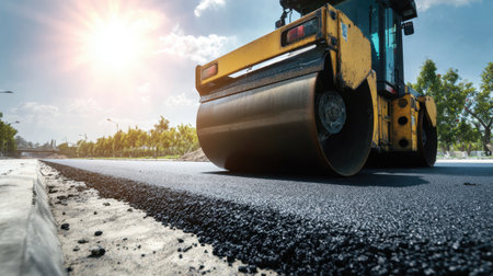 A large roller machine compacts fresh asphalt on a sunlit construction site, showcasing efforts in road building and maintenance with surrounding greenery.の素材