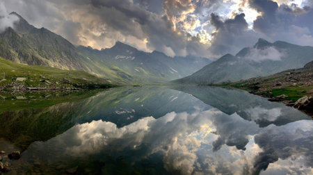 This breathtaking image captures a stunning mountain landscape featuring a reflective lake under a dramatic sky. Lush greenery surrounds the tranquil water, creating a peaceful atmosphere in nature.の素材