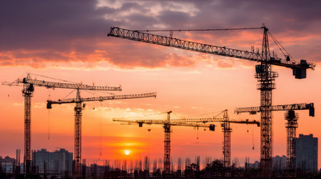 A dramatic sunset silhouettes several construction cranes against a vibrant sky, highlighting the bustling urban landscape and architectural progress.の素材