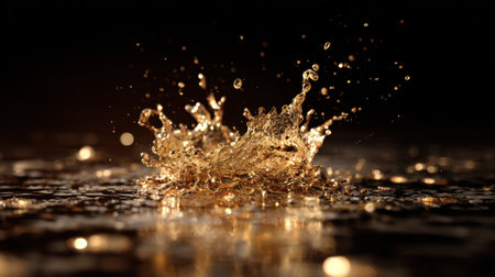 This captivating image features a stunning splash of liquid gold, creating a mesmerizing visual effect against a dark backdrop. The water droplets shimmer elegantly.の素材