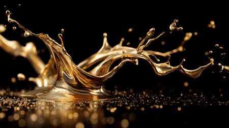 A mesmerizing capture of a golden liquid splash against a black backdrop, featuring droplets and sparkling particles, perfect for creative projects.の素材
