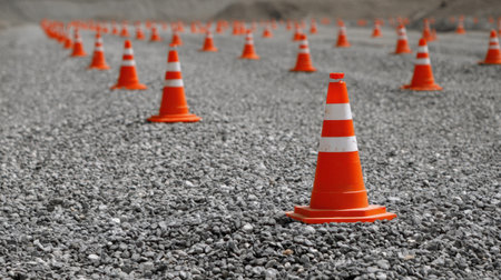 A striking visual of bright orange traffic cones meticulously arranged on a textured gravel surface, enhancing safety and organization at construction sites.の素材