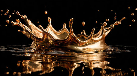 This captivating image showcases a stunning gold liquid splash resembling a crown with droplets, set against a dramatic black background, emphasizing beauty and elegance.の素材