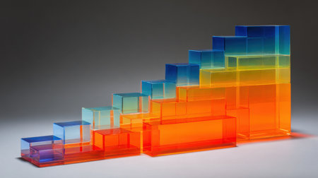 A striking display of colorful transparent blocks arranged in an abstract formation. The gradient from vibrant orange to blue creates a modern and eye-catching visual appeal, perfect for artistic and design projects.の素材