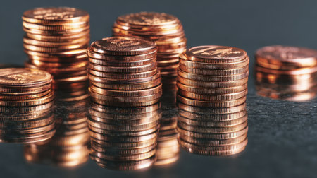 This artistic image showcases stacks of shiny copper coins arranged on a reflective surface, highlighting their intricate details and rich textures.の素材
