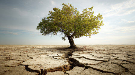 A solitary tree stands resilient amidst a parched landscape, showcasing nature's beauty and endurance against harsh conditions under a vast blue sky.の素材