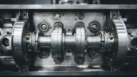 A detailed close-up view of industrial machinery components, showcasing intricate gears and sprockets in a machine shop environment. This image highlights the precision engineering and complex design prevalent in modern manufacturing.の素材